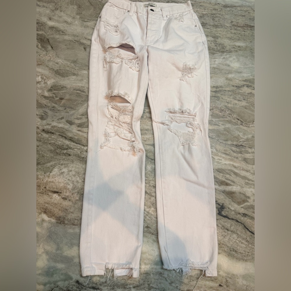 White Distressed Ripped Jeans Size 26 Raw Hem Straight Leg Trendy Denim